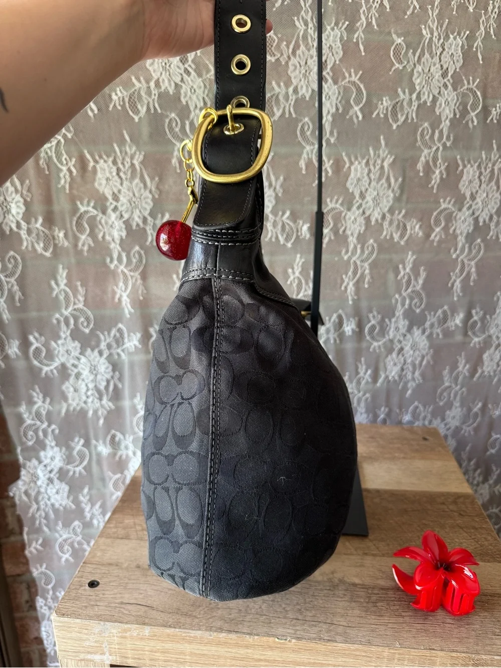 Coach Black Signature Monogram Shoulder Bag with Cherry Charm